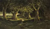 Manuel Valencia, Sunlit Path through the Woods, oil on canvas