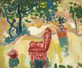 August François Gay, Garden Scene (Gile's Red Chair); Traveling Train Cars (double-sided), oil on board