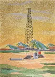M. Norton, Derrick Landscape Depicting a tall oil-drilling tower rising before stylized mountain ranges beneath a golden, Oil