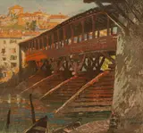 Charles Hodge Mackie, Bassano Bridge, woodcut print in colours