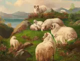 John Charles Morris, Sheep within a Mountainous Lake Scene, oil on canvas