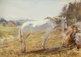 John Atkinson, Grey Horse and Figures in a Landscape, watercolour