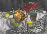 Martin Dutton, Still Life of Teapot, Flowers and Fruit, mixed media on paper board
