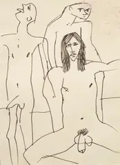Keith Vaughan, Three Male Figures, nude, an inscription in red ink has been erased (upper right)