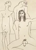 Keith Vaughan, Three Male Figures, nude, an inscription in red ink has been erased (upper right)