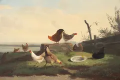 Johan Lodewijk van Leemputten, Chickens in a Landscape, an Estuary Beyond, oil on panel