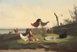 Johan Lodewijk van Leemputten, Chickens in a Landscape, an Estuary Beyond, oil on panel