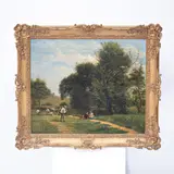 Nevil Oliver Lupton, Haymaking, the Mower Whets his Scythe, oil on canvas