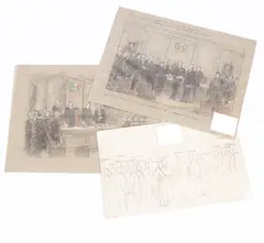 Frank O. Salisbury, Sketches for Panels Commemorating the Visit of H.M. George VI to the Chamber of Shipping, charcoal and coloured chalk on grey paper