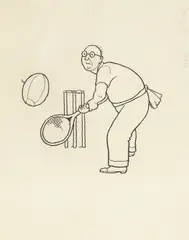 William Heath Robinson, Humorous scene of a batsman with a tennis racquet defending his wicket from a rugby ball, pen and ink
