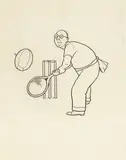 William Heath Robinson, Humorous scene of a batsman with a tennis racquet defending his wicket from a rugby ball