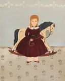 Joyce Fredette, Portrait of a Child Holding a Rocking Horse, oil on canvas