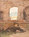William Pye, View through a ruin to the Dorset coast, watercolour
