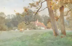 Cattle Grazing by a Farm House by Blanche Baker, watercolour, offered Jun 2025