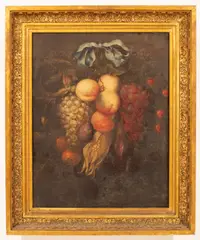 Cornelis de Heem, A Swag of Hanging Fruit with Ribbon Bow Tie, oil on canvas
