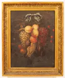 Cornelis de Heem, A Swag of Hanging Fruit with Ribbon Bow Tie, oil on canvas