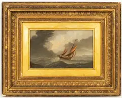 British Shipping in Choppy Waters by Thomas Lucop, oil on board, offered Jun 2024