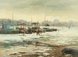 Nikolai Kirilovitch Rudlkov, Figures Preparing Fish and Chopping Wood in a Winter Harbour, oil on canvas