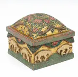 William George Simmonds, An Ash Lidded Box (1918), hand-painted, carved with lambs and foliage