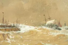 Turning a Disabled Brig by Thomas Bush Hardy, watercolour heightened with white on brown paper, offered May 2024
