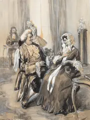 Conversing Georgian Couple by Steven Spurrier, watercolour and gouache, offered Jul 2024