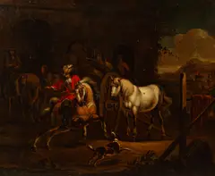 Dirck Stoop, A Horseman in a Farmyard, oil on canvas