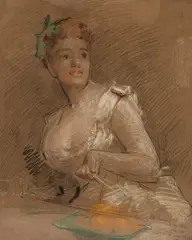 Flo Saunders at Grey House, about 1892 by Sir Robert Staples, 12th Baronet, pastel and white chalk on brown paper, offered Feb 2024