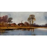E. Chester, Village by a River, Oil on canvas board