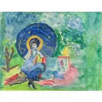 Woman with a Parasol Having a Picnic by Jane Peterson, Watercolor on paper, offered Apr 2025