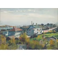 Rudolf Jacobi, Coastal Town With The Days Laundry, 1945, Oil on canvas