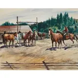 Stanely M. Long, Corralling Horses, Watercolor on paper