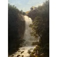 Peter Baumgras, Picnic by the Waterfall, Oil on board laid to aluminum laid to panel