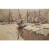 Henri Roidot, Winter Snow Scene with Stream and Village, Oil on canvas