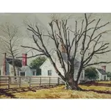 John Lynch, Whites Houses with Trees, Watercolor and mixed media on drawing board