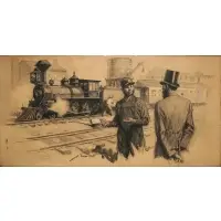 Gordon Grant, Inspecting the Train Engineer's Work, Mixed media, gouache, and watercolor on paper