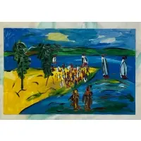 Peter Robert Keil, Sail Boats with Figures on Beach, Oil on paper