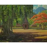 Kartono Yudhokusumo, Bali Landscape with Temple and Royal poinciana / Flamboyant/Flame Tree, Oil on canvas