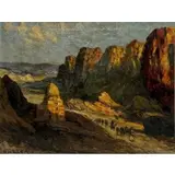 Rudolf Weber, Orientalist Landscape with Travelers on a Road Passing a Domed Shrine, Oil on canvas