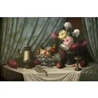 Endre Kömpöczy Balogh, Still-Life with Flowers,Fruit, and Silver Pieces, Oil on canvas