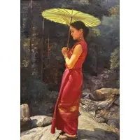 Shang Ding, Woman in Red with Parasol / portrait of Gong Li, Oil on linen
