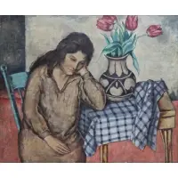 Sol Wilson, Woman with a vase of Tulips, Oil on canvas