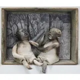 Christina Bothwell, Two Children, Mixed media construction, (ceramic, etched panels, found wood)