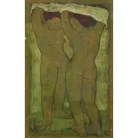 Ángel Botello, Two Female Nude Figures, Linocut, oil and ink on rice paper