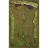 Ángel Botello, Two Female Nude Figures, Linocut, oil and ink on rice paper