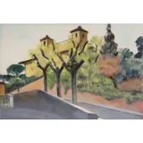 Primo Potenza, Trees on street, Watercolor