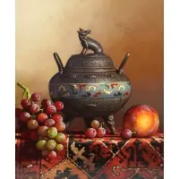 Loran Speck, Incense Burner with Persian Rug, Grapes, and Peach, Oil on board