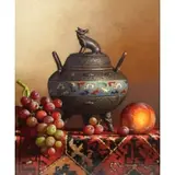 Loran Speck, Incense Burner with Persian Rug, Grapes, and Peach, Oil on board
