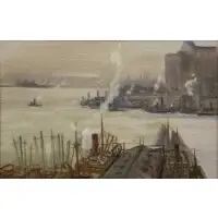 Parker Newton, Lower Manhattan from Brooklyn, Oil on board