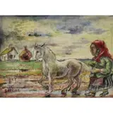 David Burliuk, Peasant Woman with Horse, Watercolor