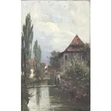 Vitus Staudacher, Figures on a Bridge, Oil on Canvas